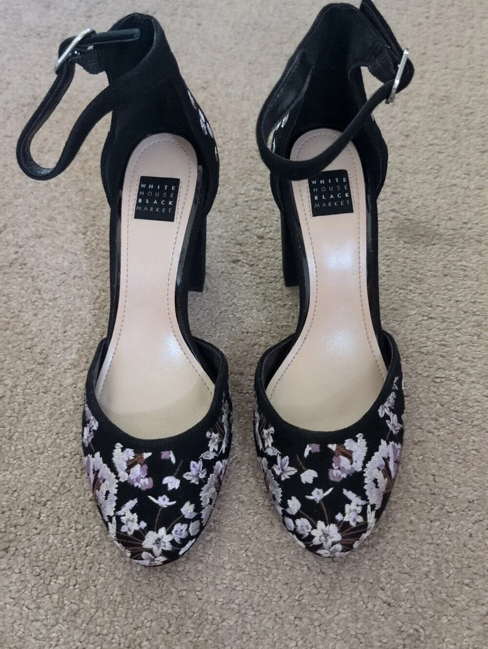 White House Black Market Embroidered Floral Suede Chunky Strapped Heels